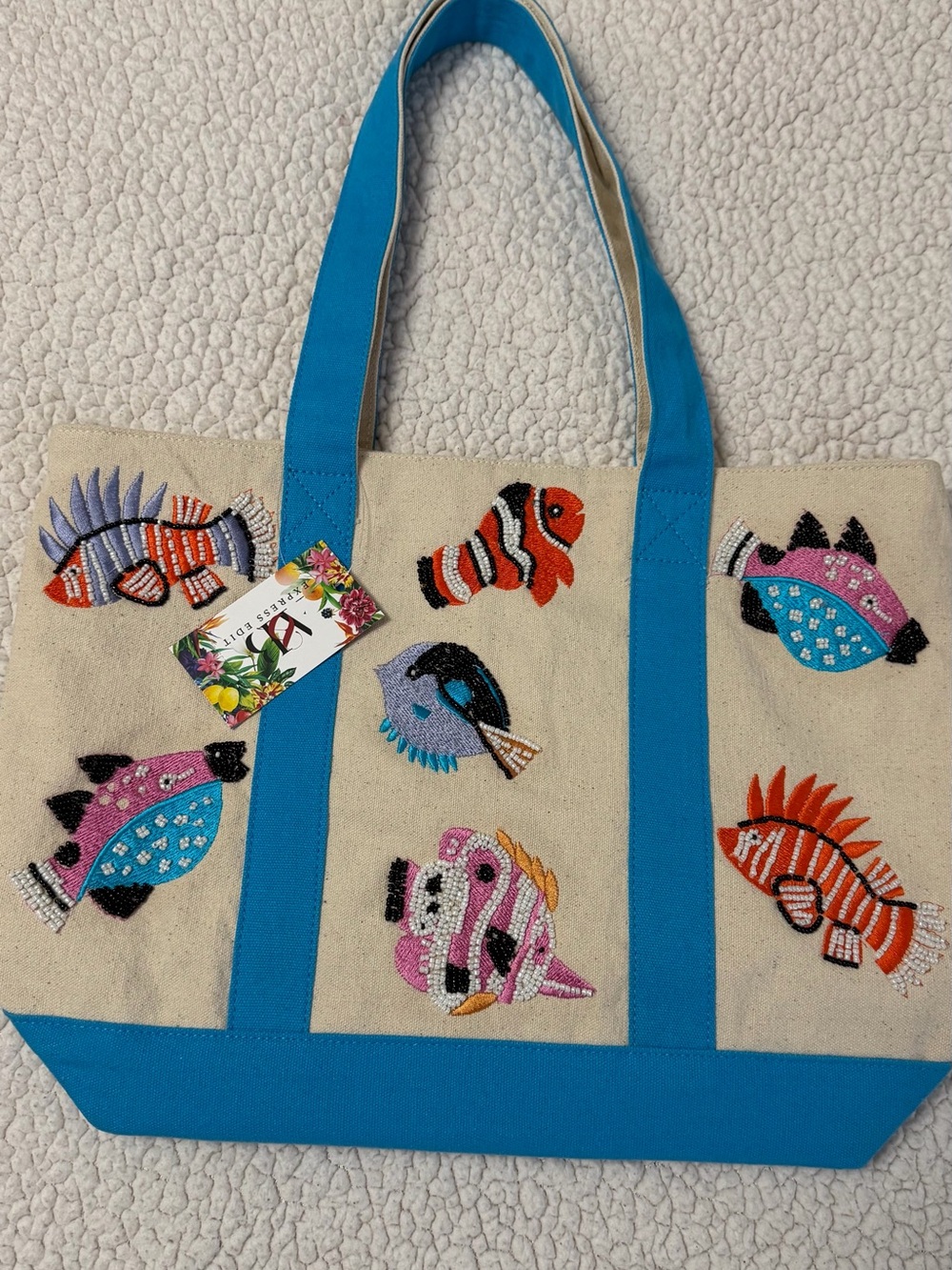 Beaded Fish Canvas Tote with Blue Trim